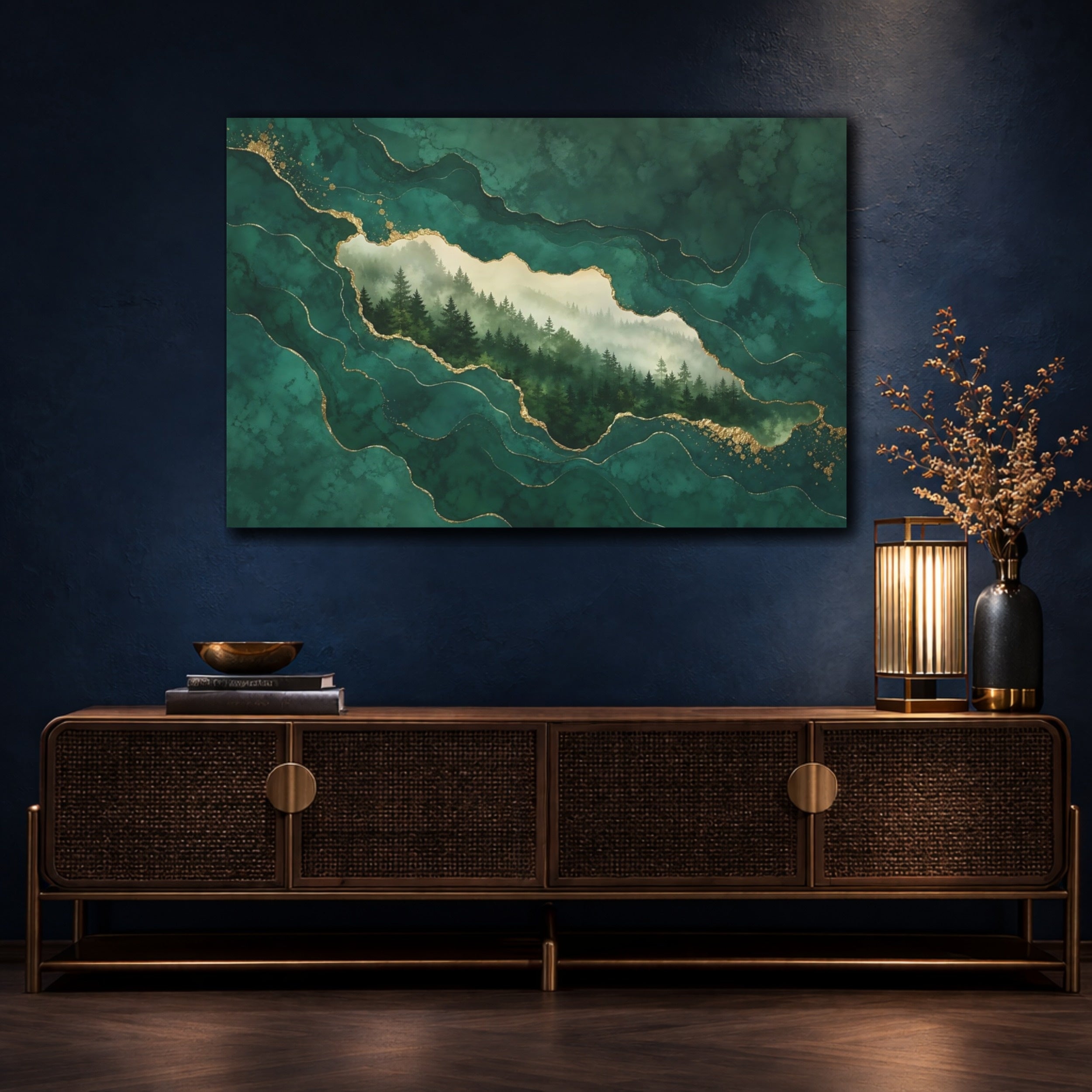 Mockup 4. Nature Pine Forest Green And Gold shown as stretched canvas wall art