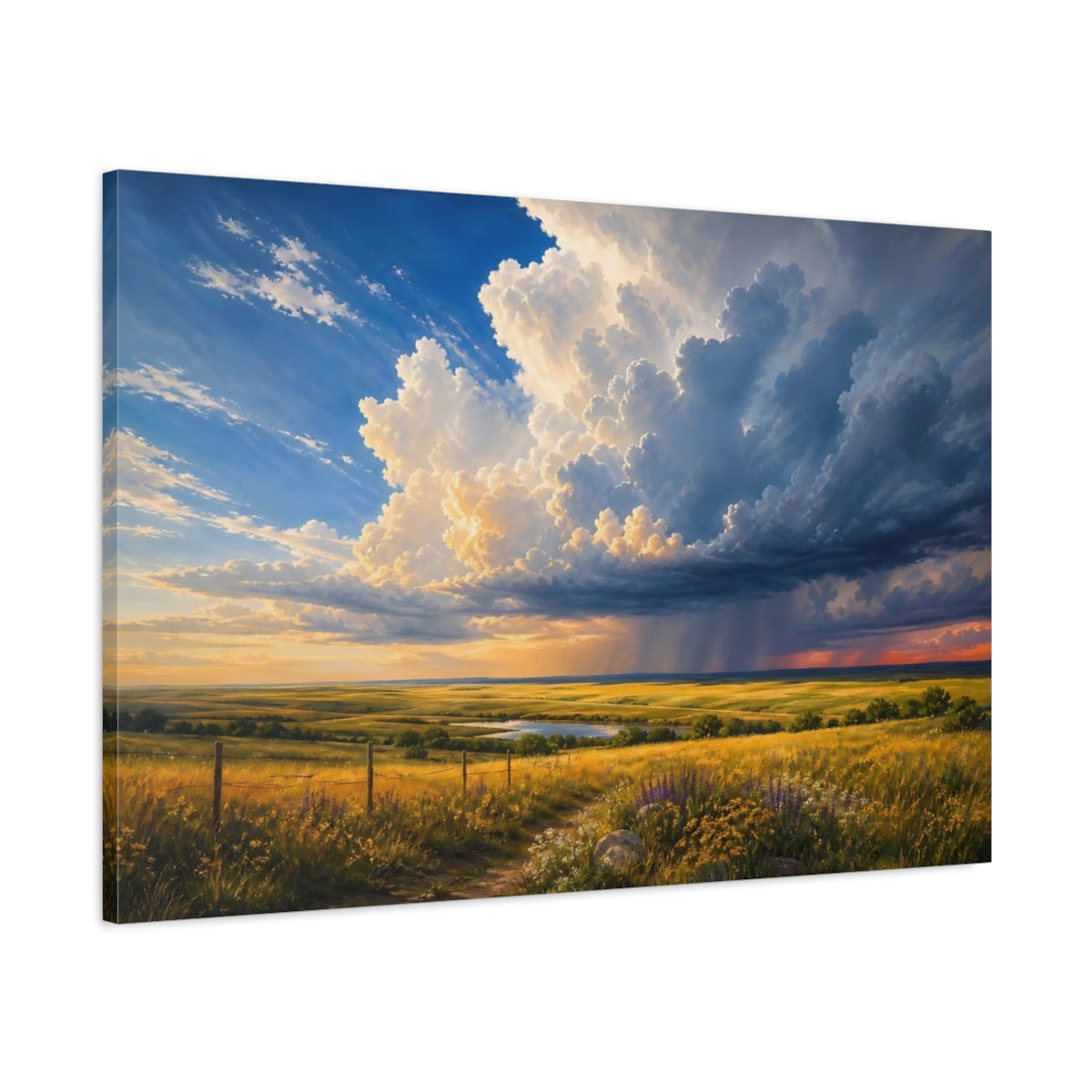 Main Mockup. Nature Prairie Field Blue And Gold shown as canvas print