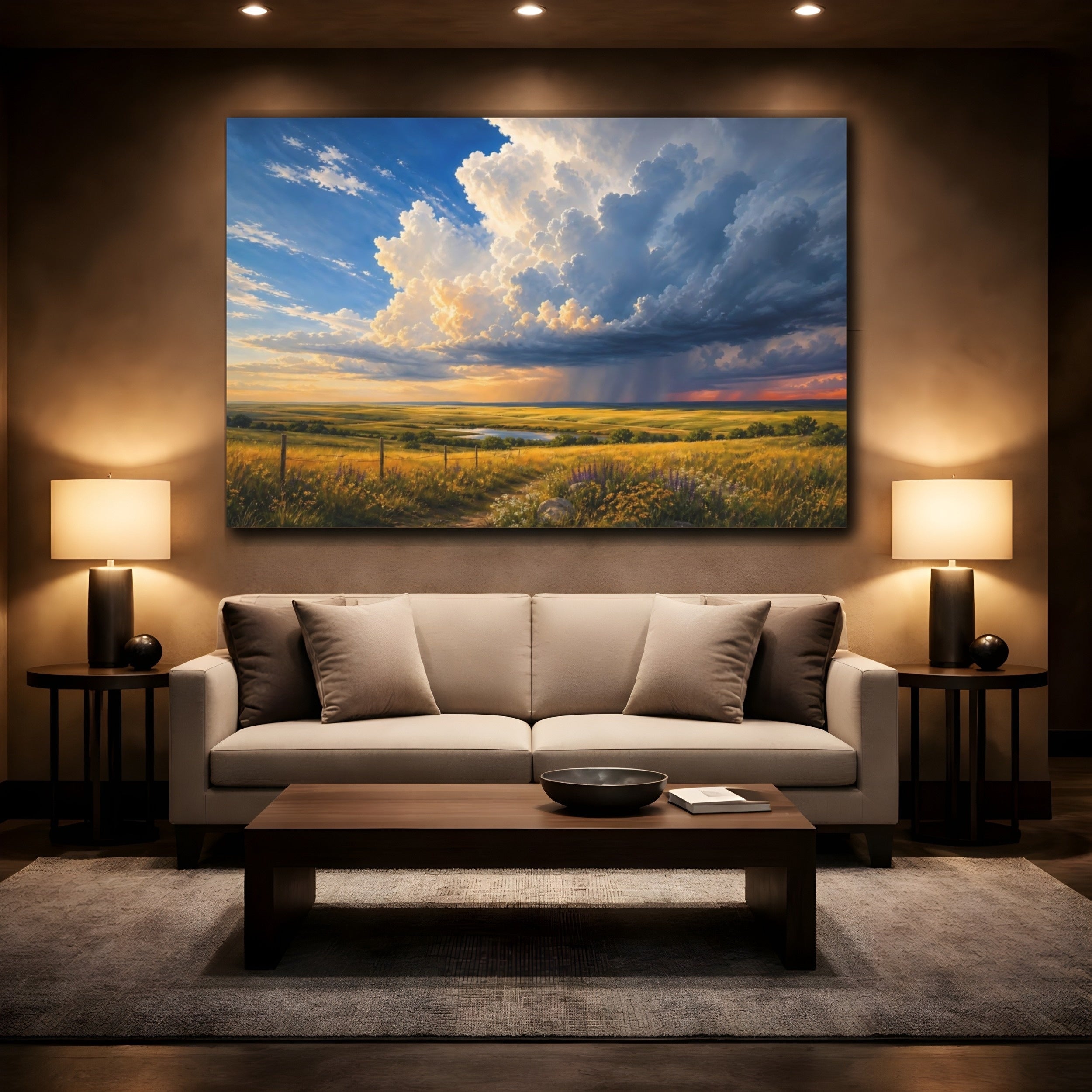 Mockup 2. Nature Prairie Field Blue And Gold shown as canvas print