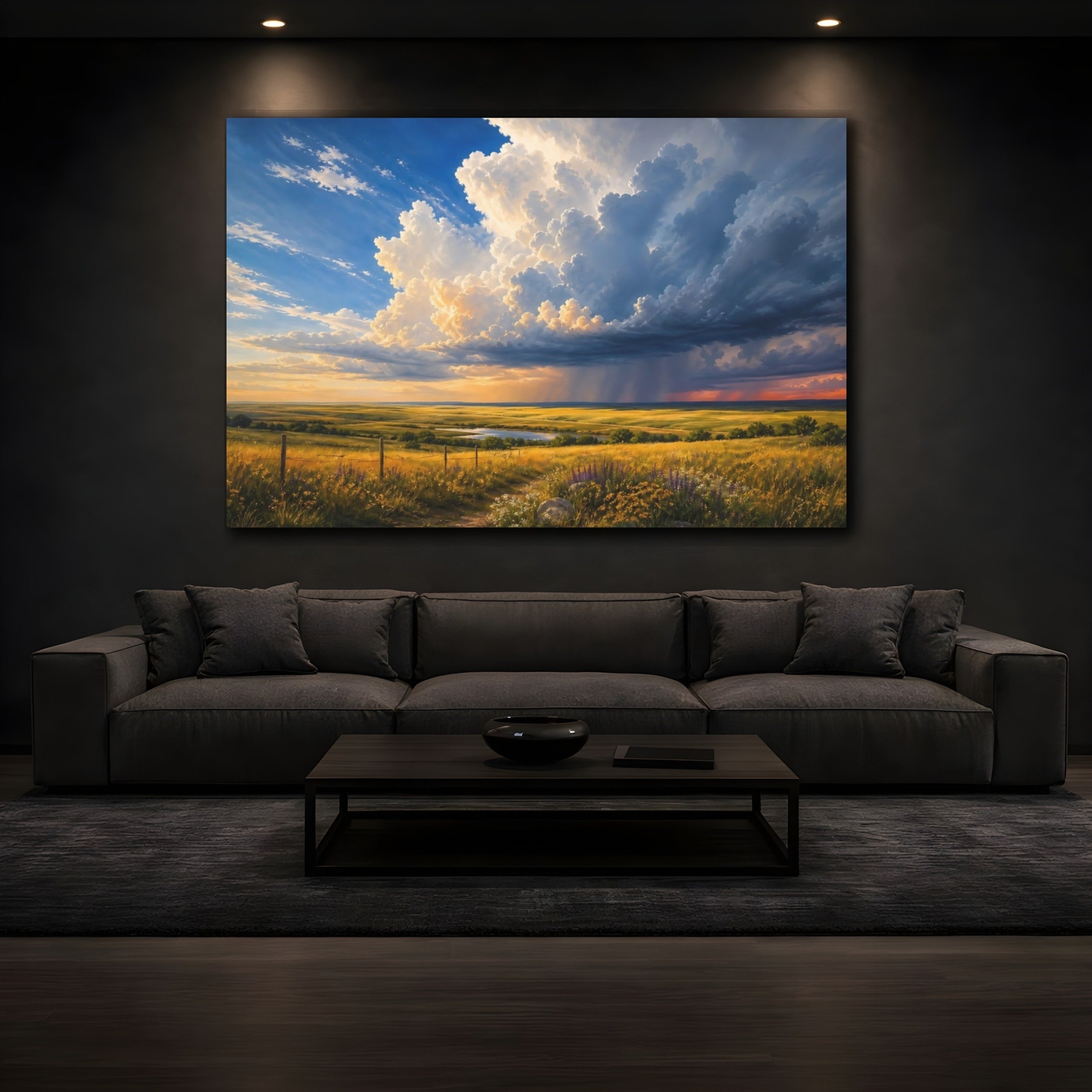 Mockup 3. Nature Prairie Field Blue And Gold shown as canvas print