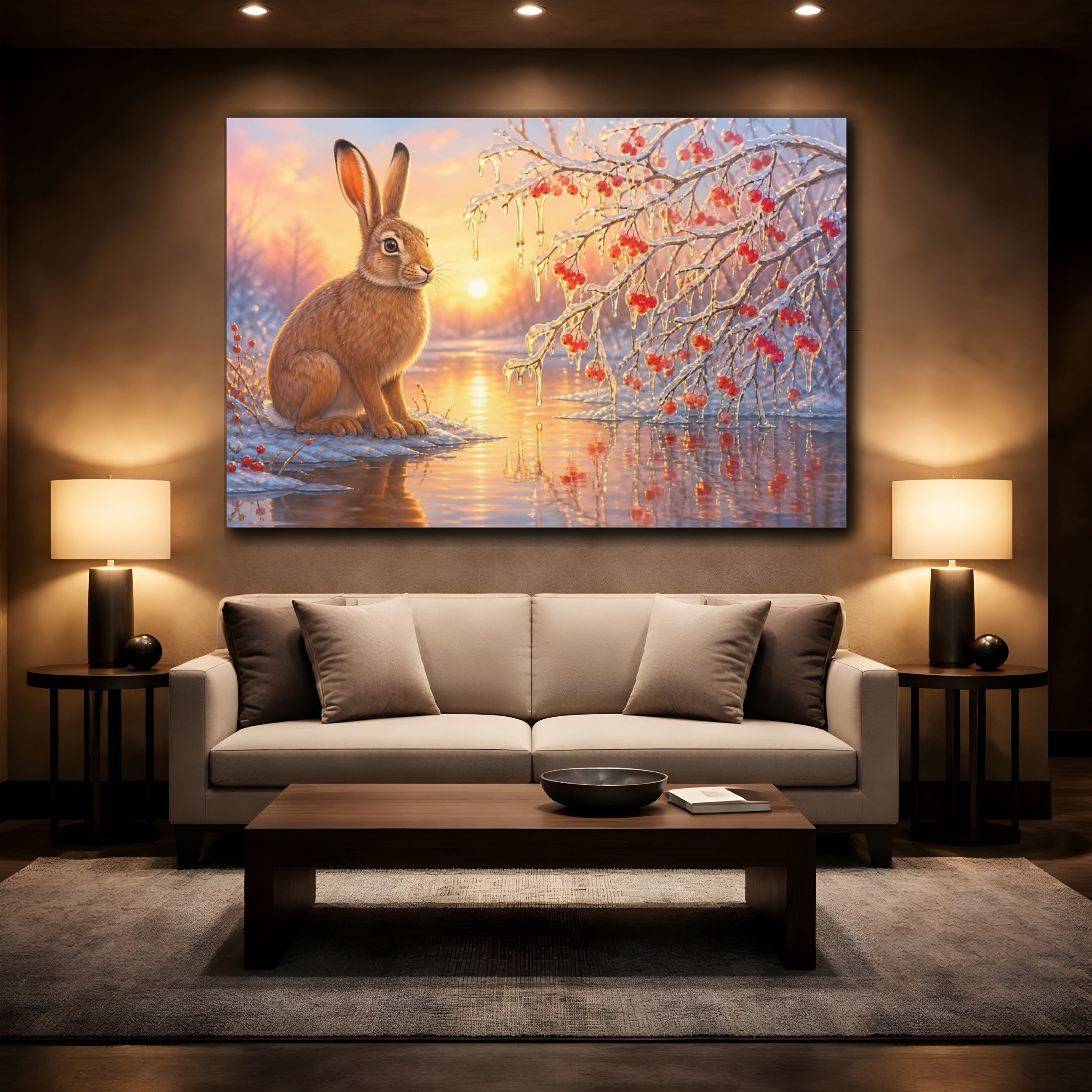 Mockup 2. Nature Rabbit Winter Rabbit shown as canvas print