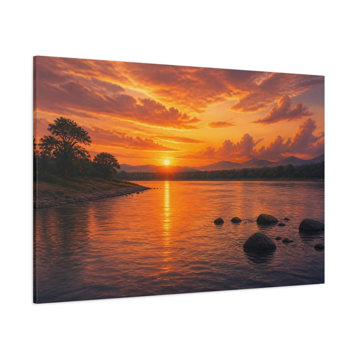 Side Mockup 1. Nature River Sunset Orange Sunset shown as stretched canvas wall art