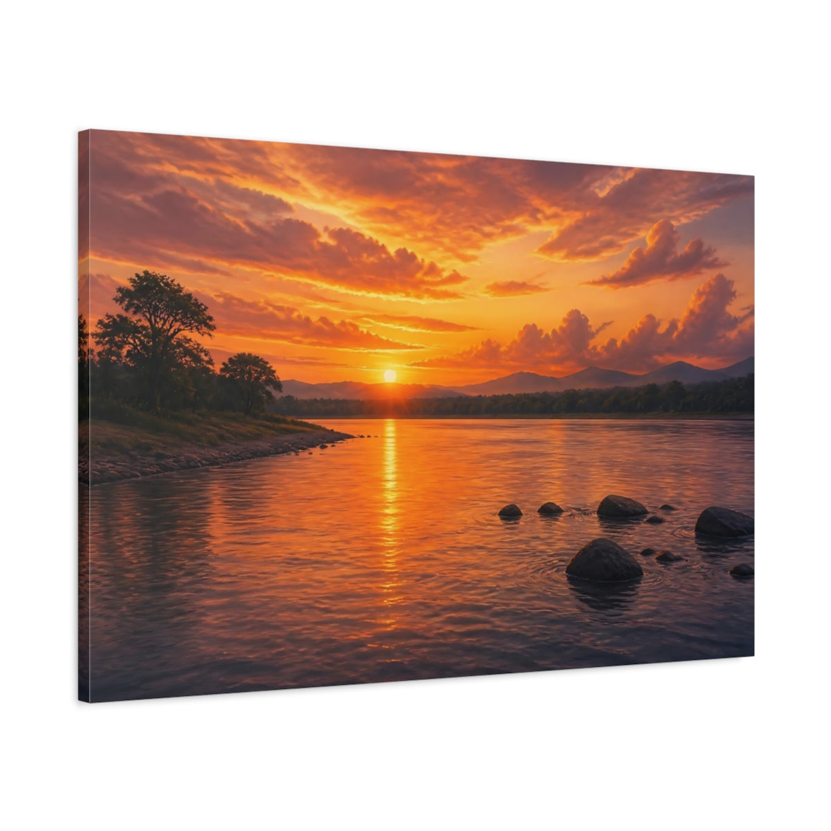 Main Mockup. Nature River Sunset Orange Sunset shown as stretched canvas wall art