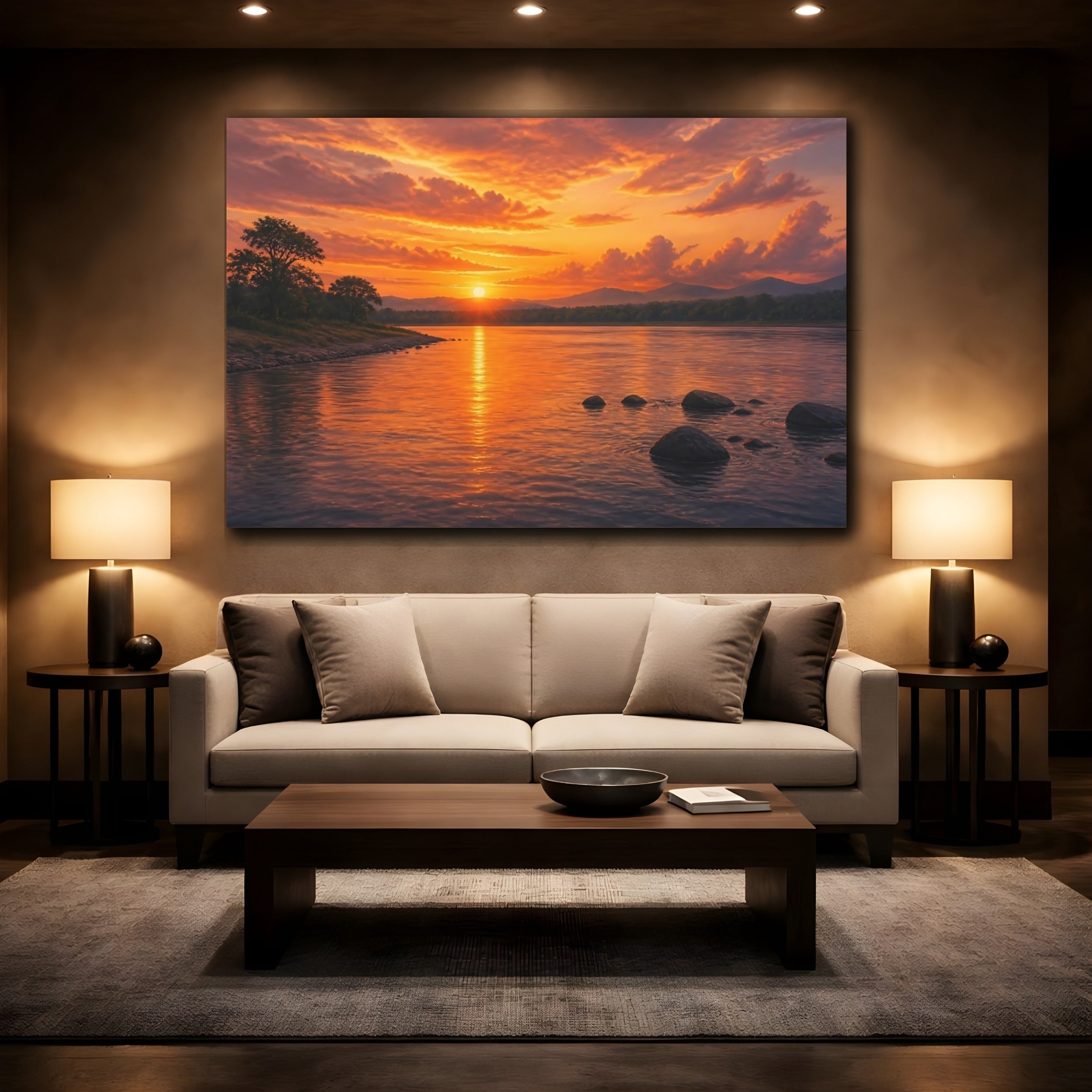 Mockup 2. Nature River Sunset Orange Sunset shown as stretched canvas wall art