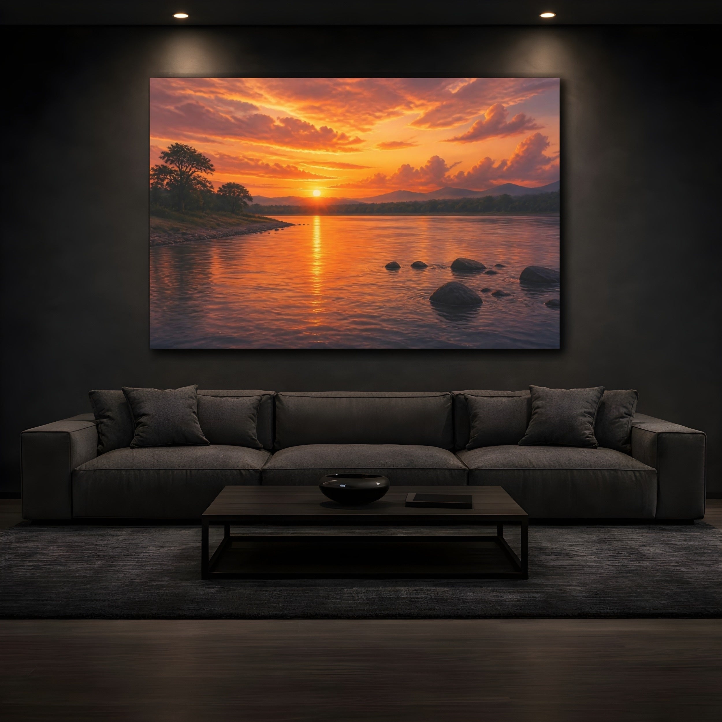 Mockup 3. Nature River Sunset Orange Sunset shown as stretched canvas wall art