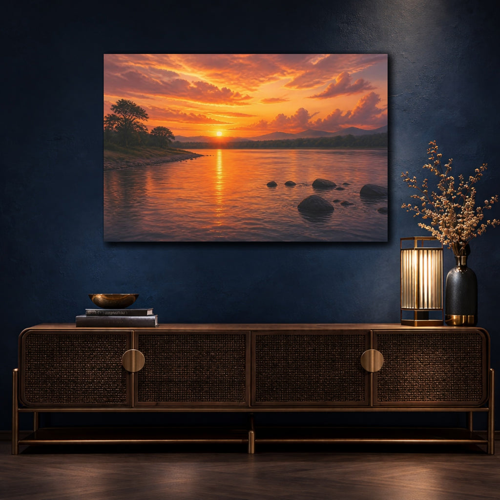 Mockup 4. Nature River Sunset Orange Sunset shown as stretched canvas wall art