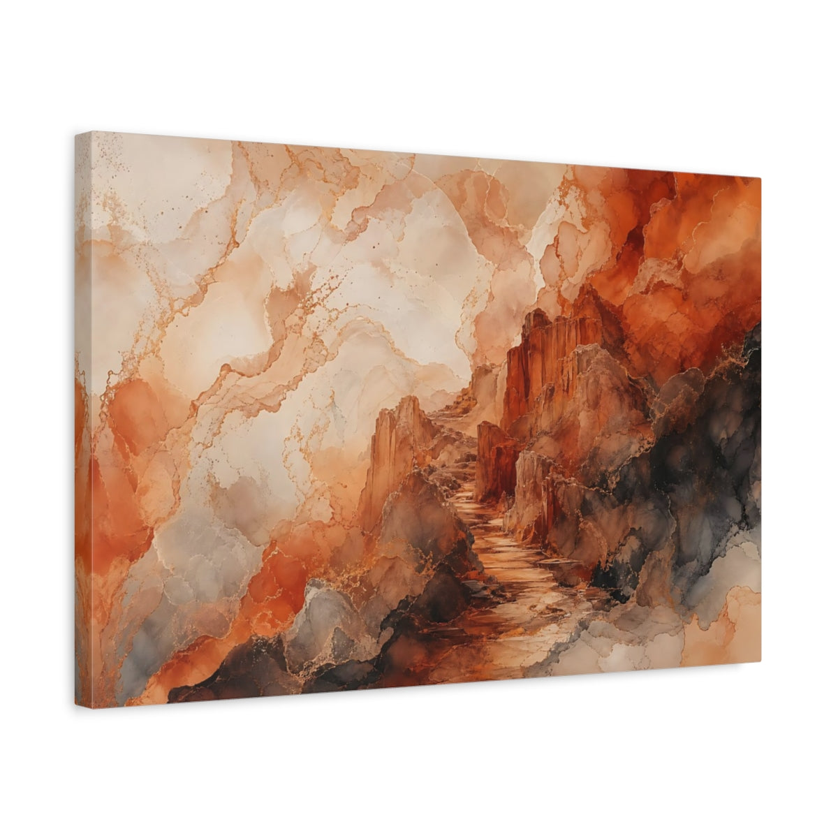Side Mockup 3. Nature Rocky Path Orange And Grey Landscape shown as stretched canvas wall art
