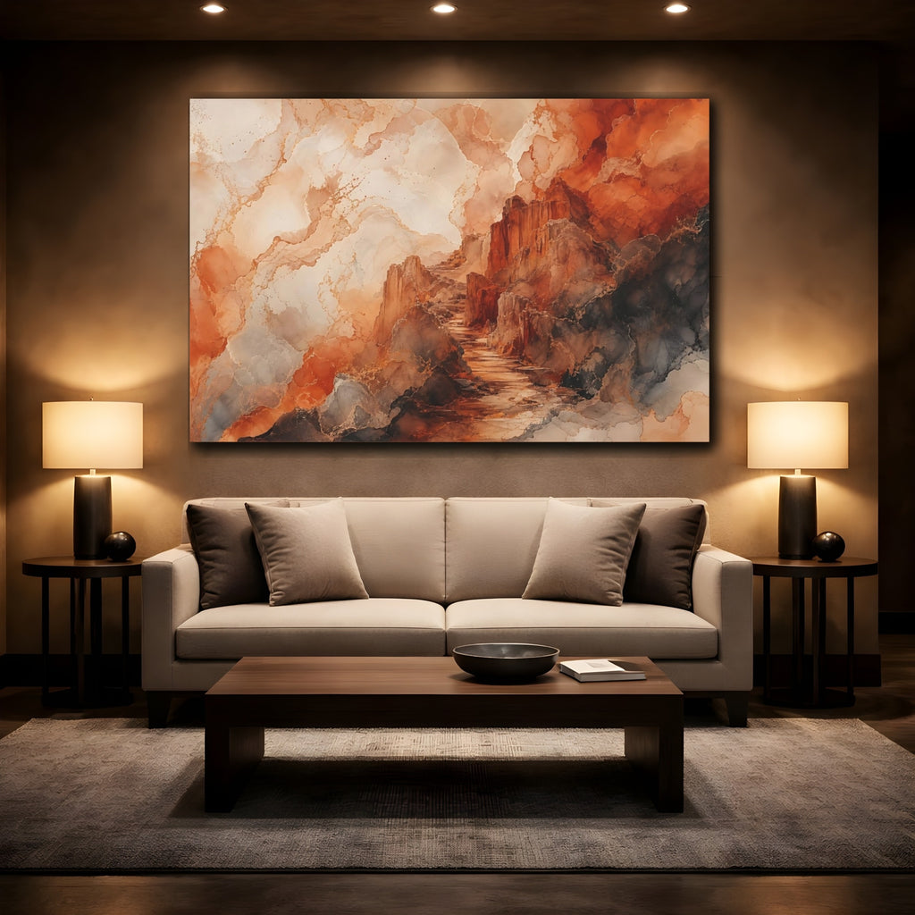 Mockup 2. Nature Rocky Path Orange And Grey Landscape shown as stretched canvas wall art