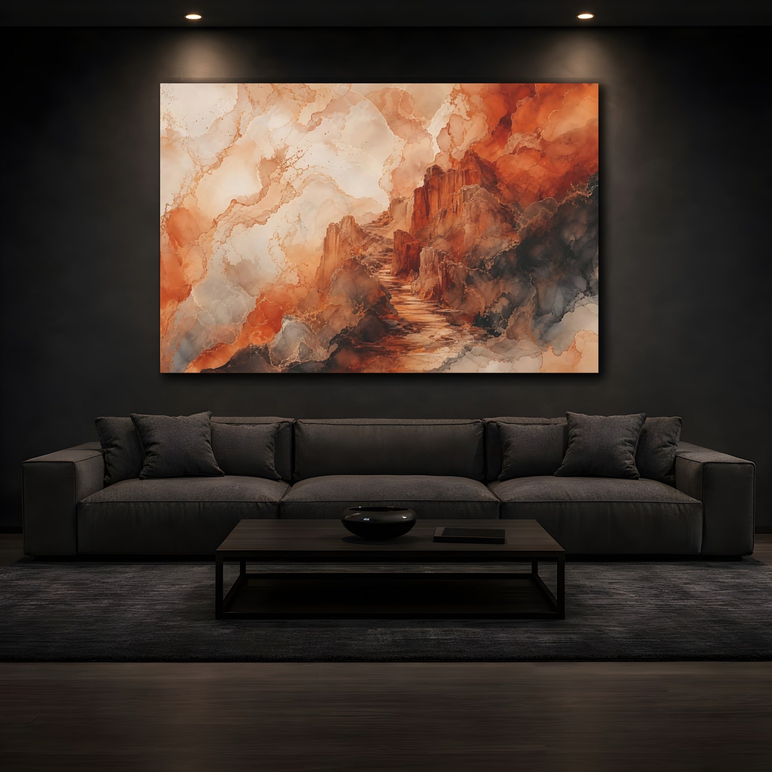 Mockup 3. Nature Rocky Path Orange And Grey Landscape shown as stretched canvas wall art