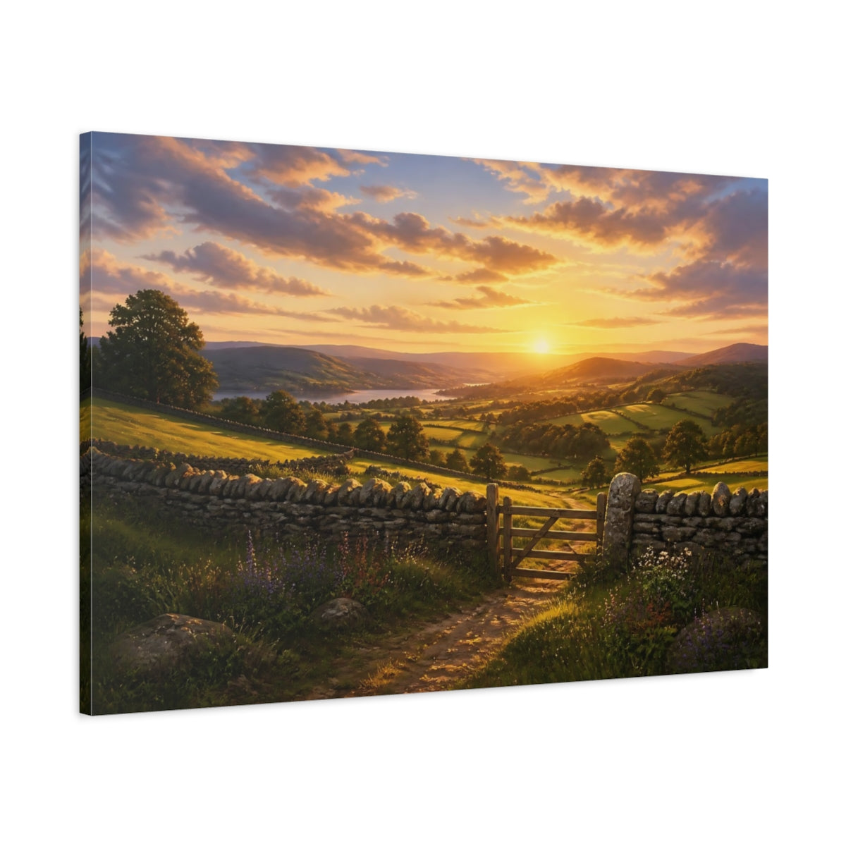 Main Mockup. Nature Rural Valley Golden Sunset shown as canvas print