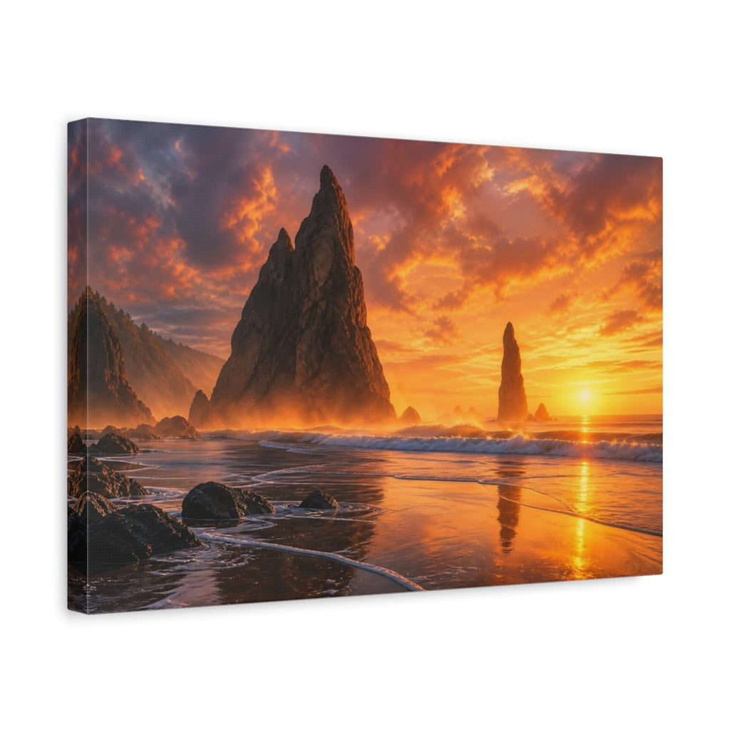 Side Mockup 4. Nature Sea Stacks Orange And Gold shown as stretched canvas wall art