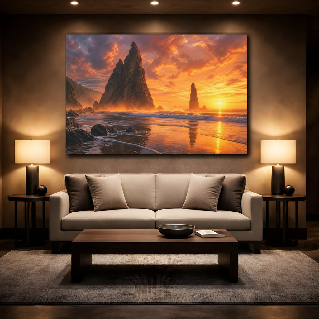 Mockup 2. Nature Sea Stacks Orange And Gold shown as stretched canvas wall art