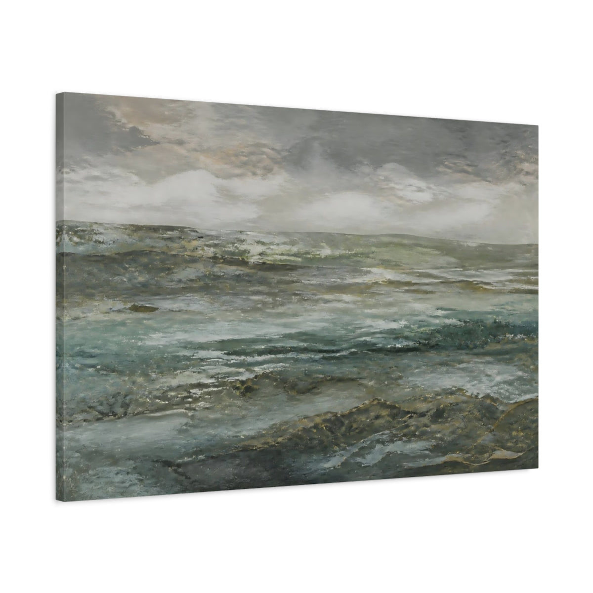 Main Mockup. Nature Seascape Grey And Teal shown as stretched canvas wall art