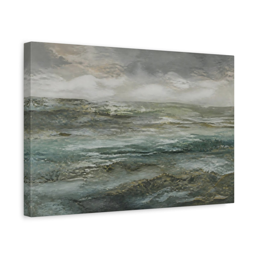 Side Mockup 4. Nature Seascape Grey And Teal shown as stretched canvas wall art