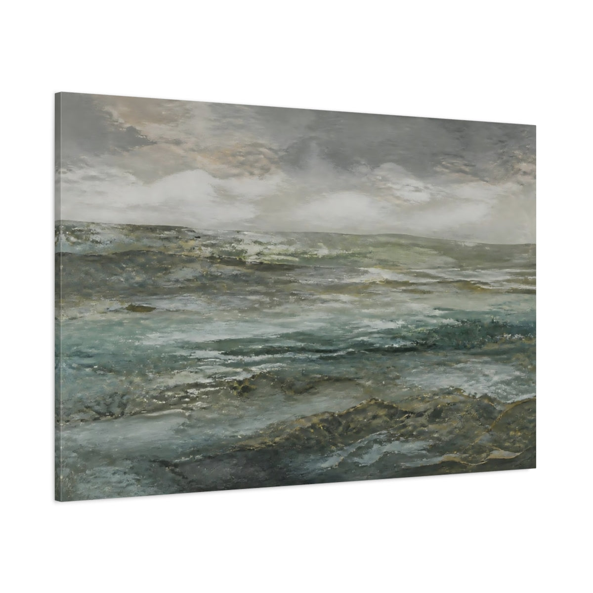 Side Mockup 1. Nature Seascape Grey And Teal shown as stretched canvas wall art