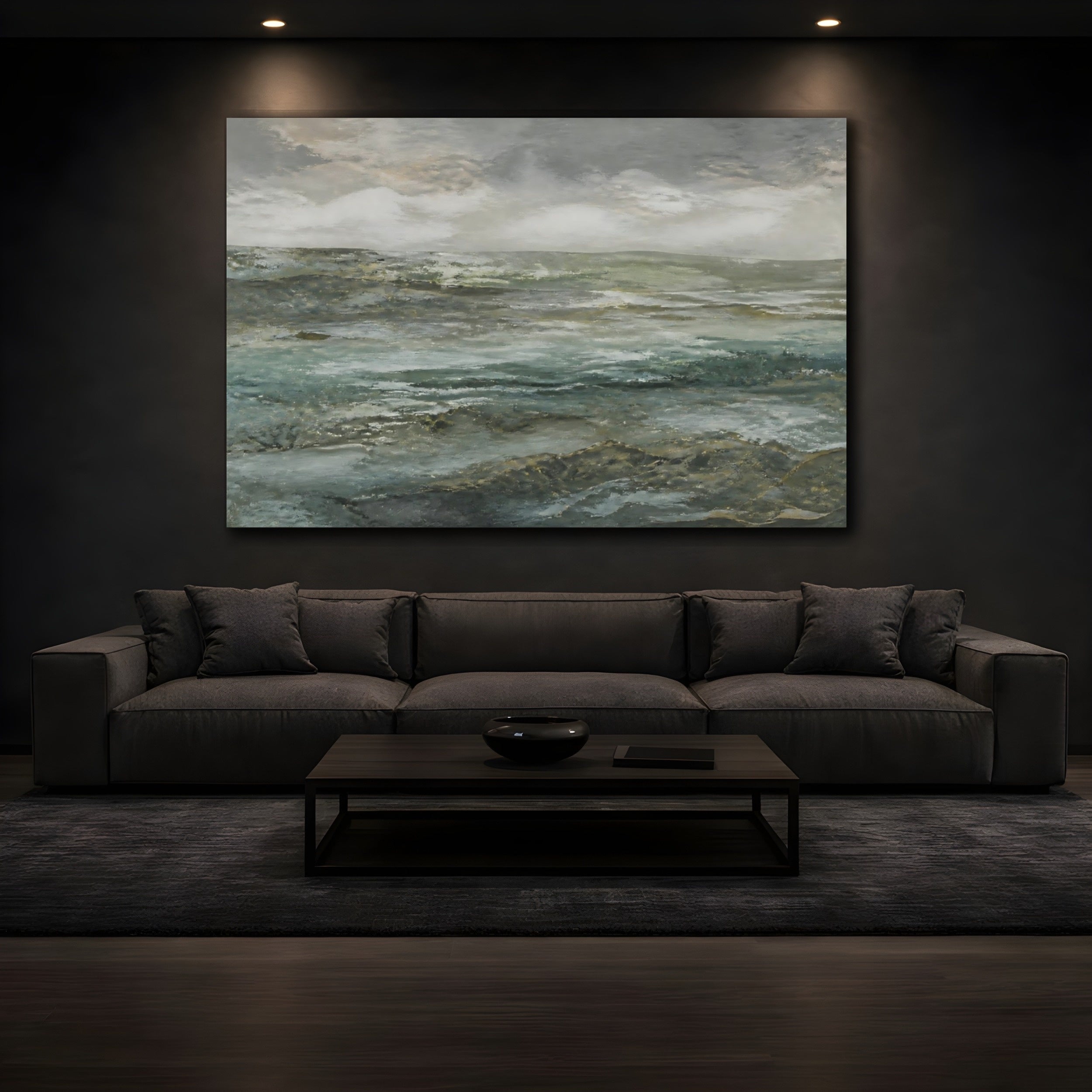 Mockup 3. Nature Seascape Grey And Teal shown as stretched canvas wall art