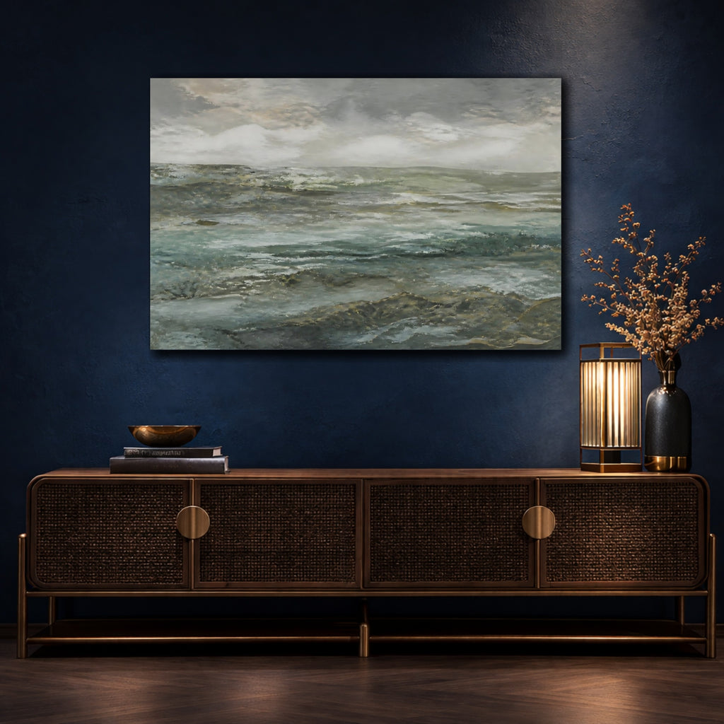 Mockup 4. Nature Seascape Grey And Teal shown as stretched canvas wall art
