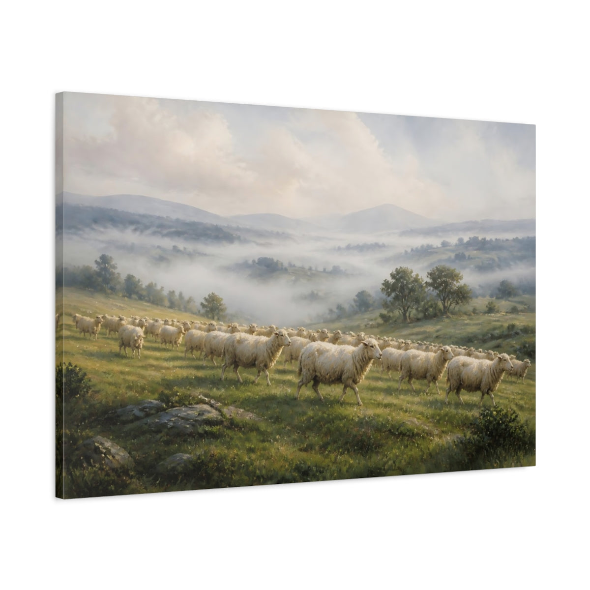 Main Mockup. Nature Sheep Misty Landscape shown as canvas print