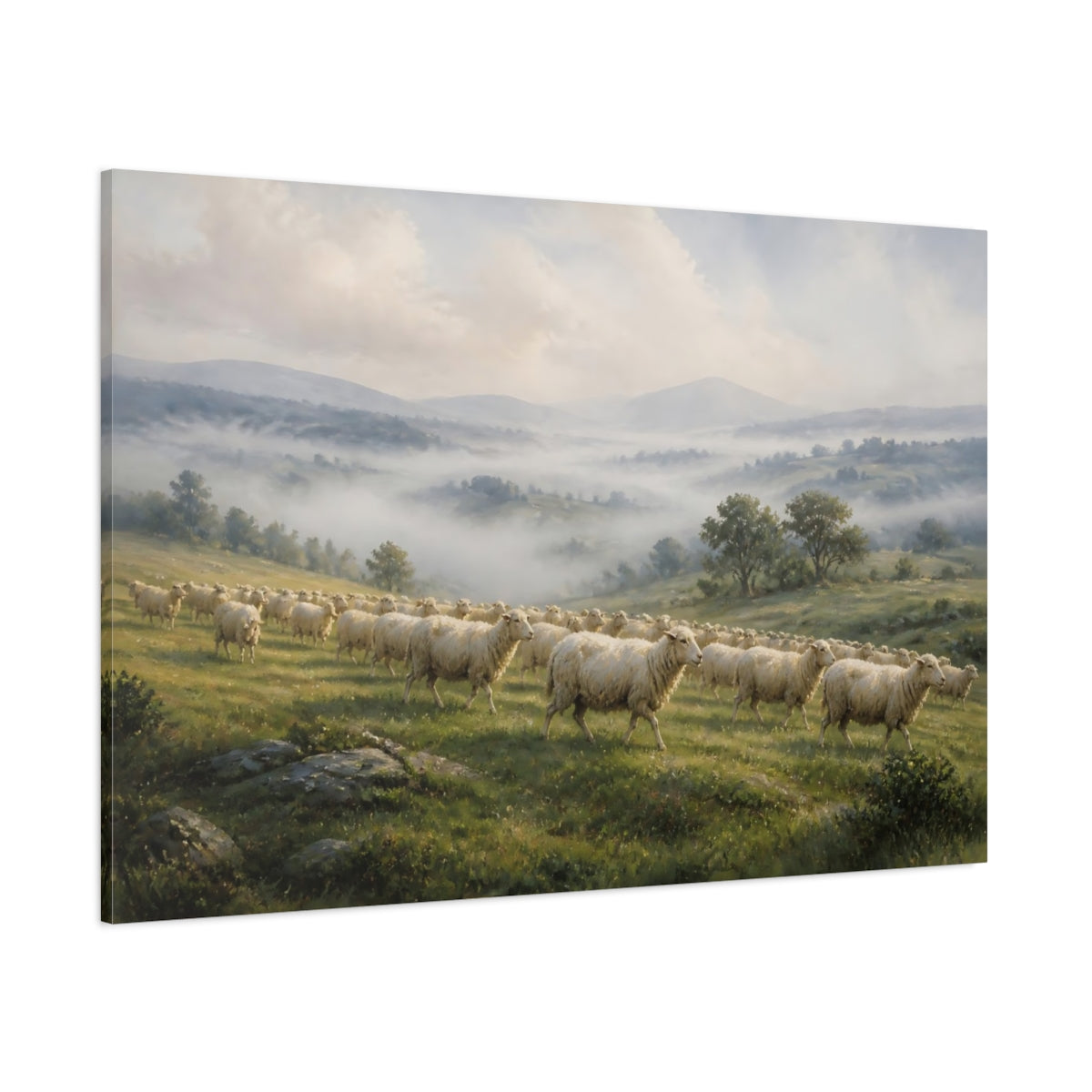 Side Mockup 1. Nature Sheep Misty Landscape shown as canvas print