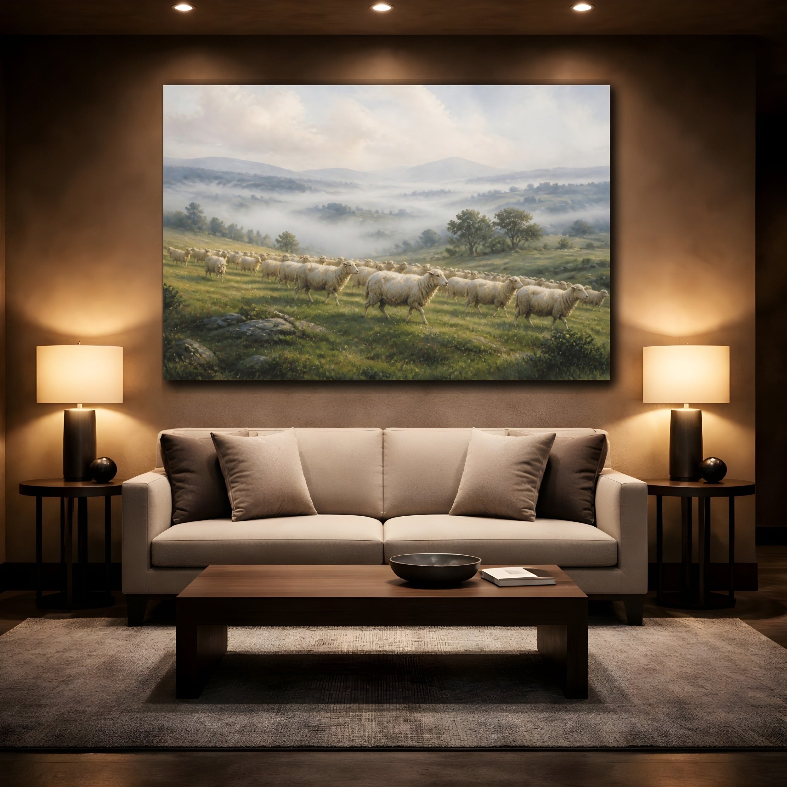 Mockup 2. Nature Sheep Misty Landscape shown as canvas print