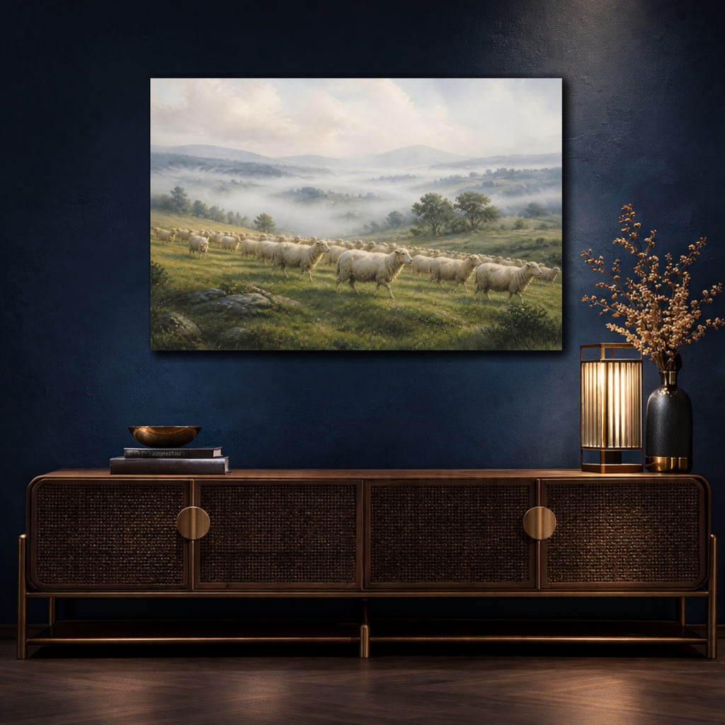 Mockup 4. Nature Sheep Misty Landscape shown as canvas print