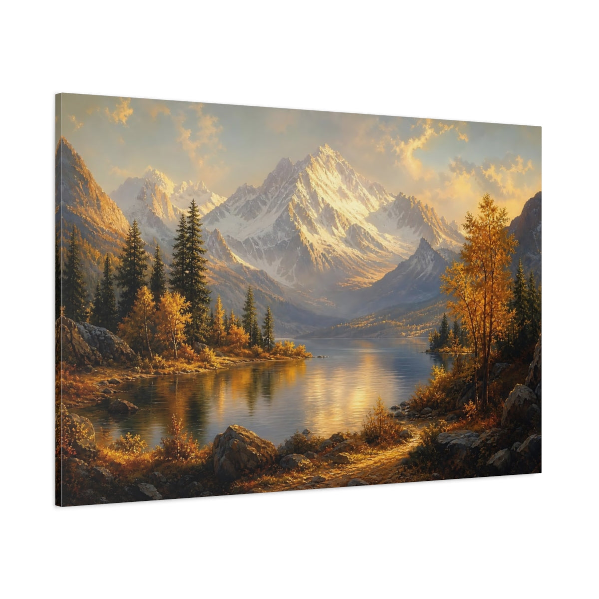 Side Mockup 1. Nature Snowy Mountains Golden Mountain Lake shown as canvas print