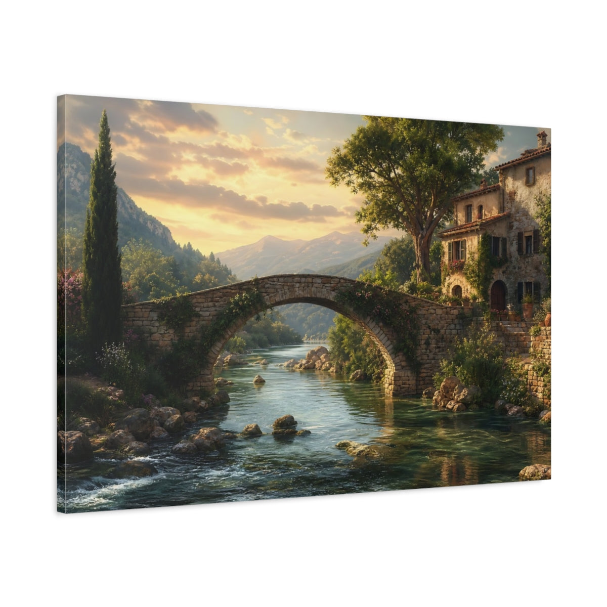 Main Mockup. Nature Stone Bridge Tuscan Landscape shown as stretched canvas wall art