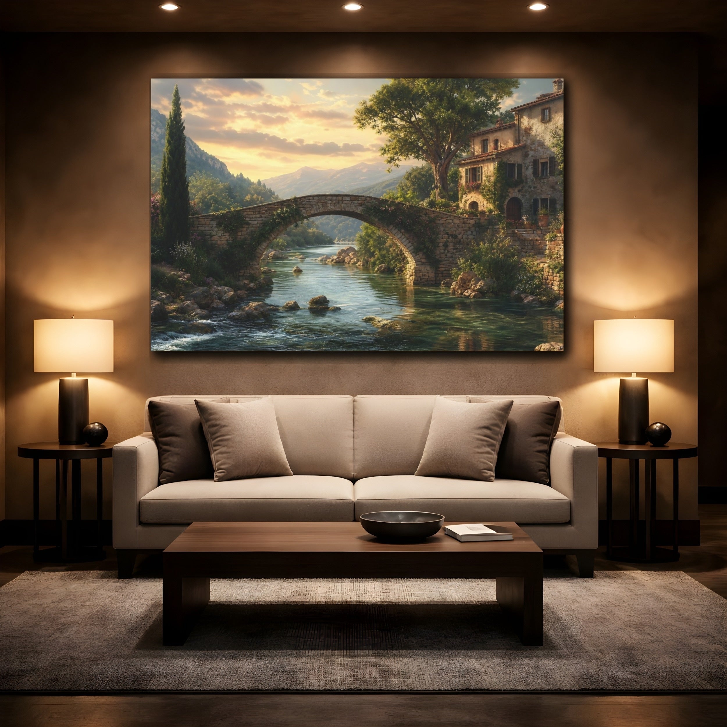 Mockup 2. Nature Stone Bridge Tuscan Landscape shown as stretched canvas wall art