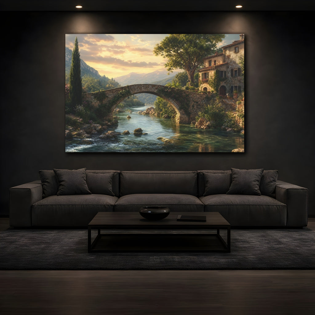 Mockup 3. Nature Stone Bridge Tuscan Landscape shown as stretched canvas wall art