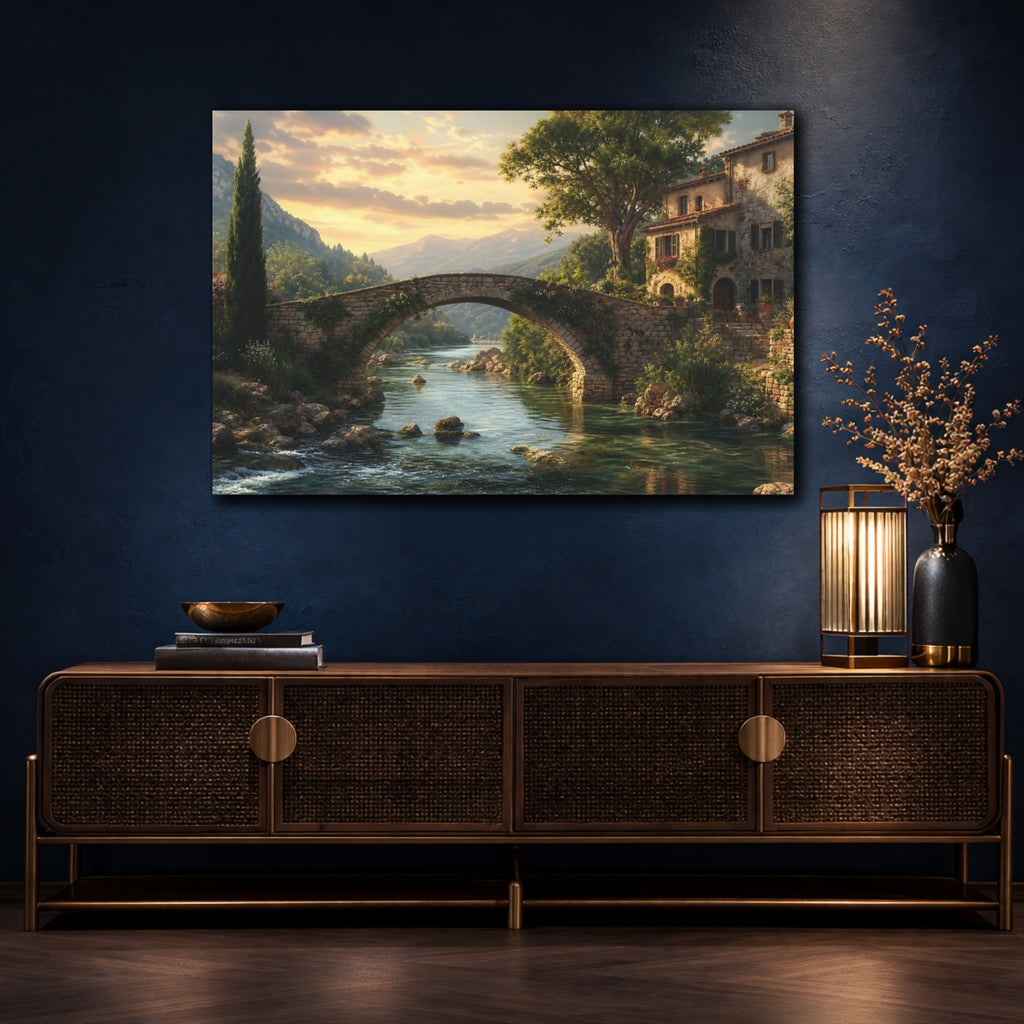 Mockup 4. Nature Stone Bridge Tuscan Landscape shown as stretched canvas wall art