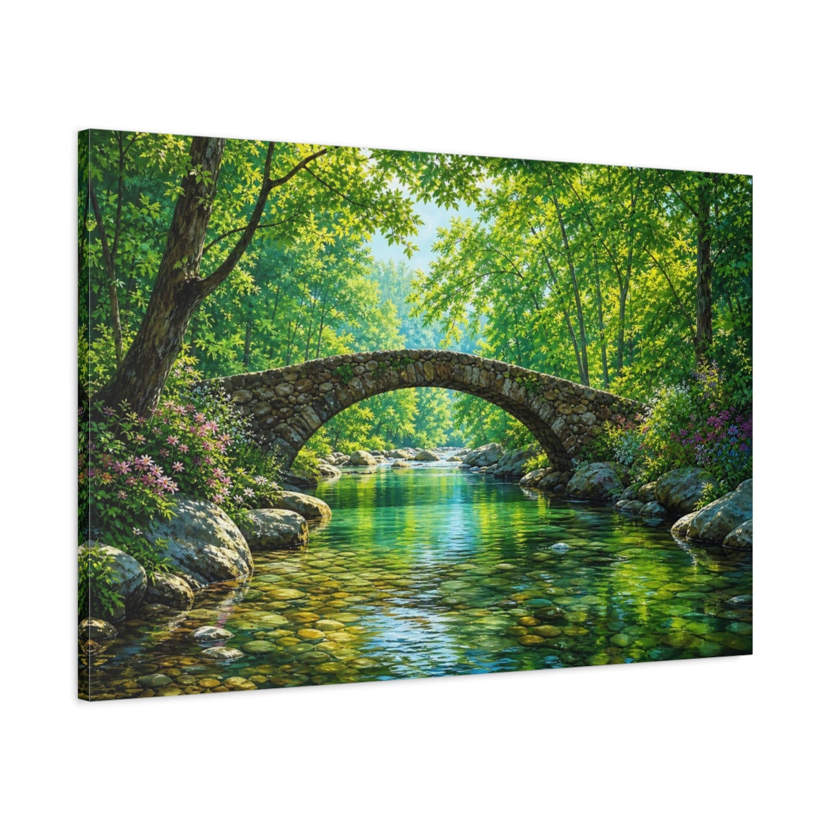 Main Mockup. Nature Stone Bridge Vibrant Green shown as stretched canvas wall art