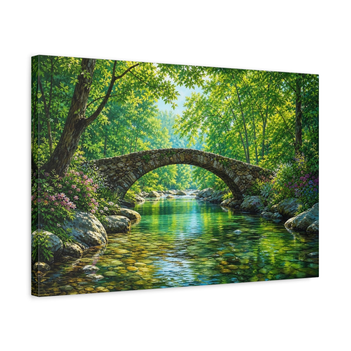 Side Mockup 3. Nature Stone Bridge Vibrant Green shown as stretched canvas wall art