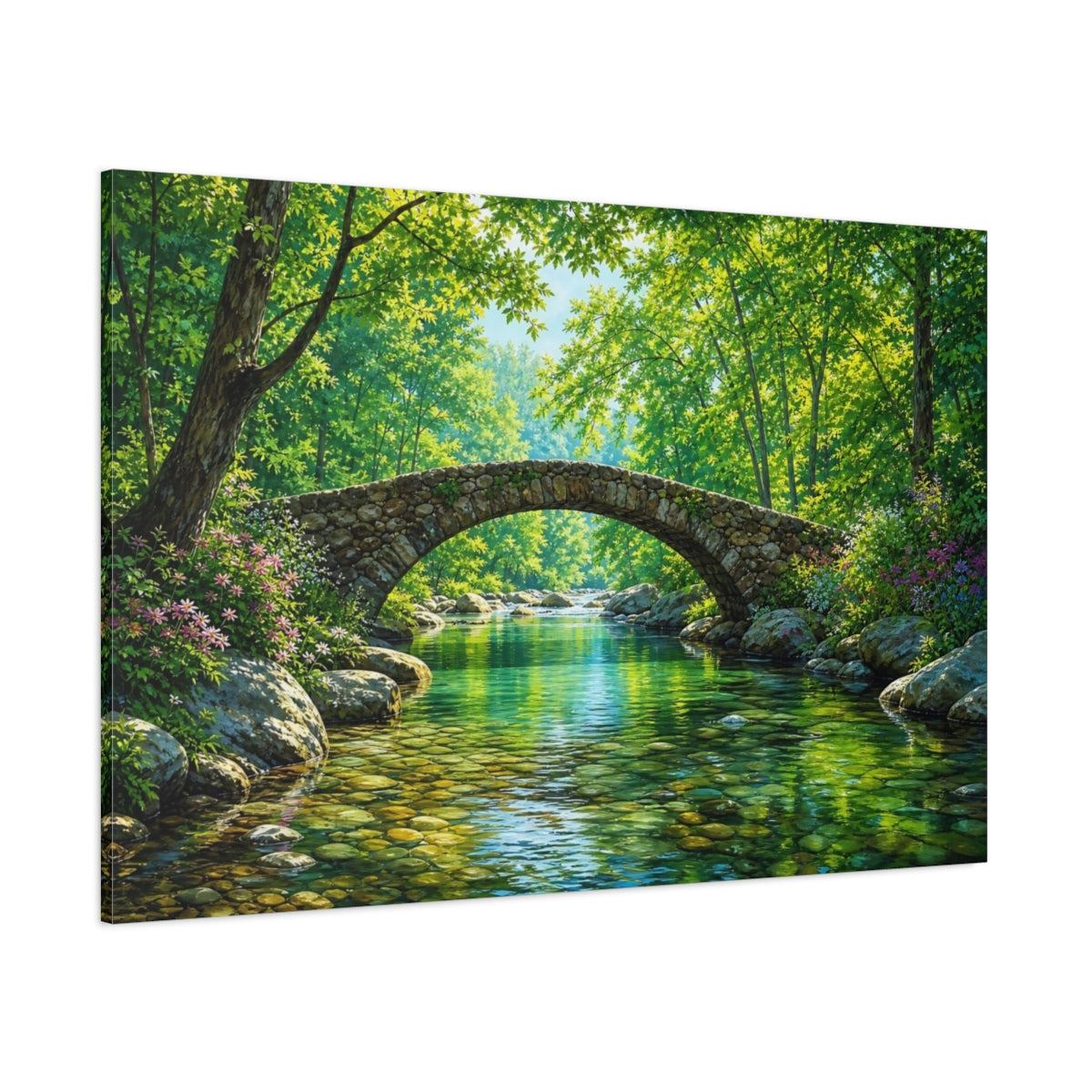 Side Mockup 1. Nature Stone Bridge Vibrant Green shown as stretched canvas wall art