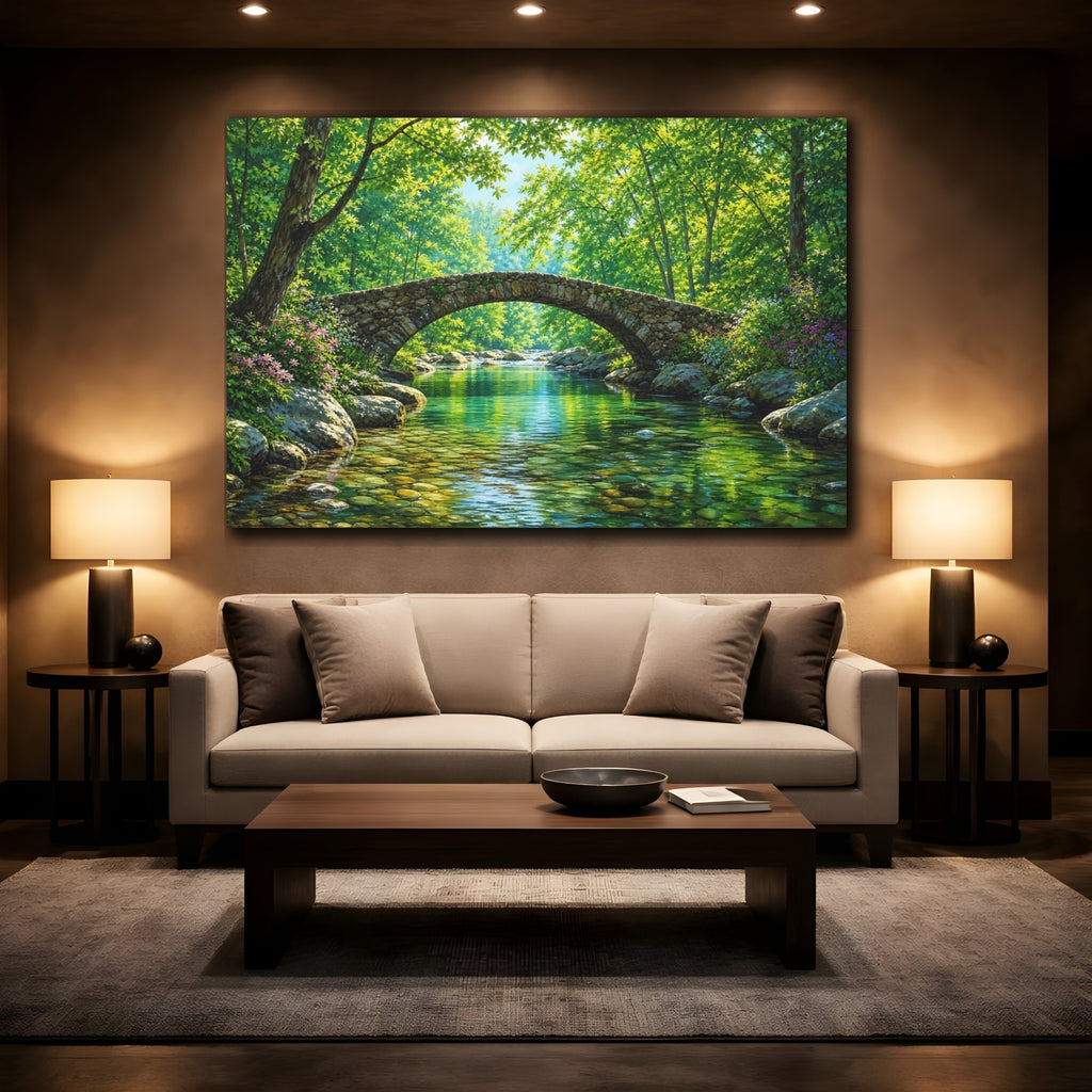 Mockup 2. Nature Stone Bridge Vibrant Green shown as stretched canvas wall art