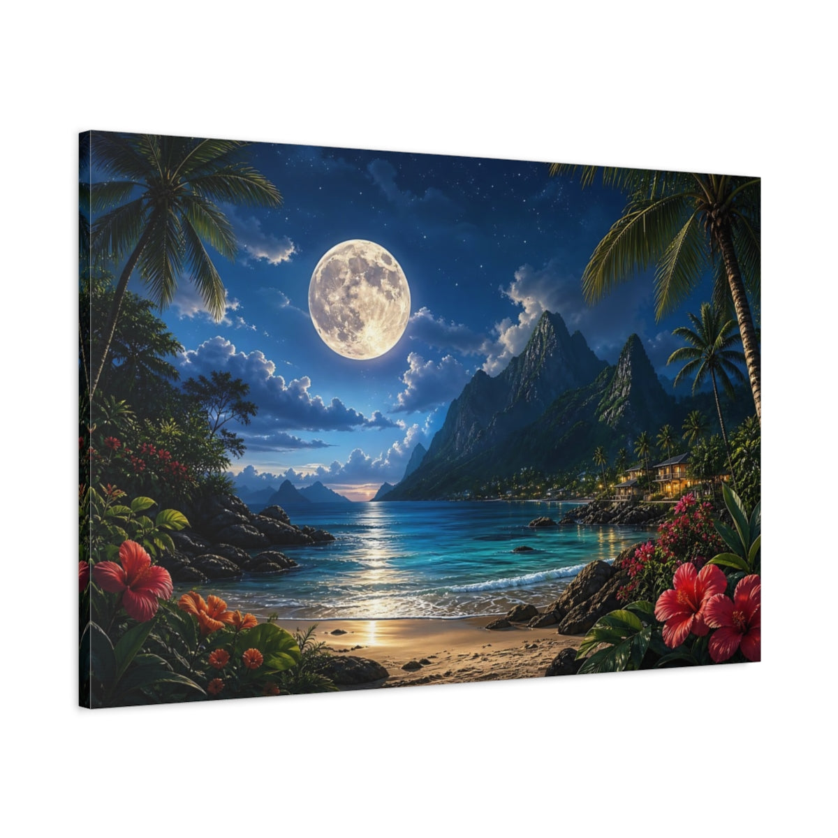 Main Mockup. Nature Tropical Beach Moonlit Tropical Beach shown as canvas print