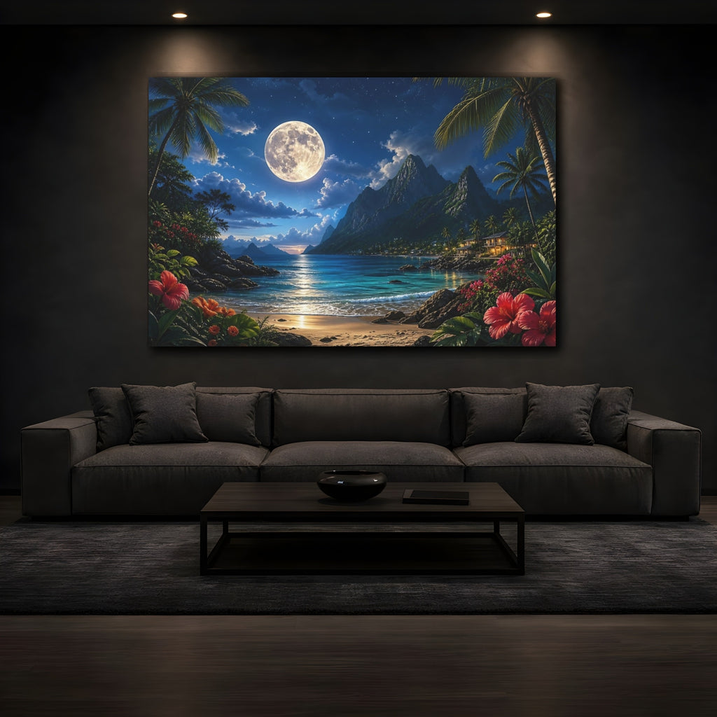 Mockup 3. Nature Tropical Beach Moonlit Tropical Beach shown as canvas print