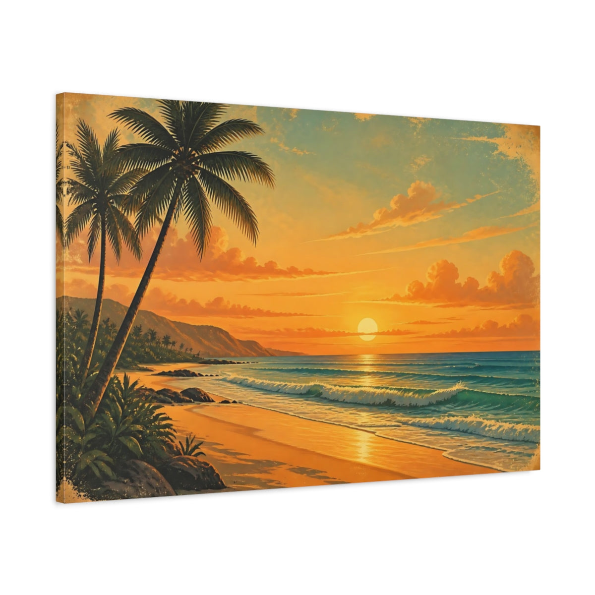 Main Mockup. Nature Tropical Beach Orange Beach Sunset shown as canvas print