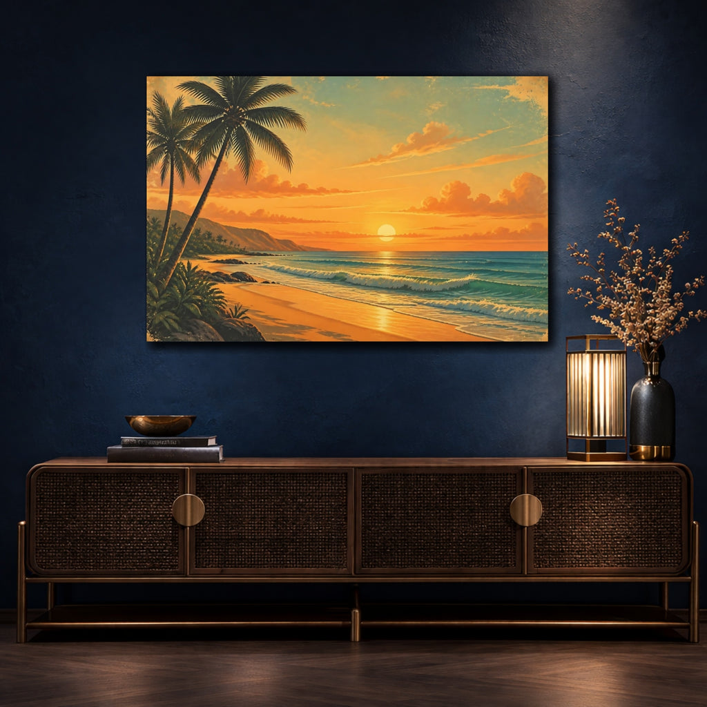 Mockup 4. Nature Tropical Beach Orange Beach Sunset shown as canvas print