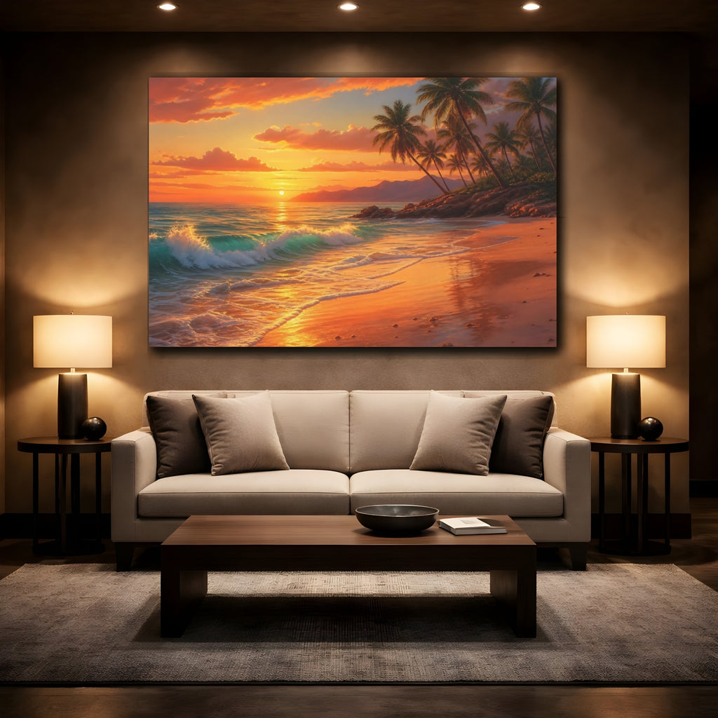 Mockup 2. Nature Tropical Beach Orange Sunset shown as canvas print