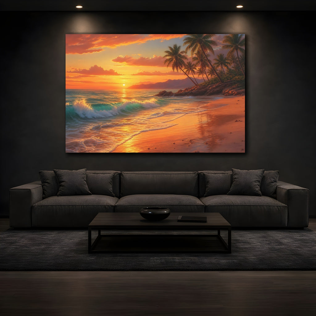 Mockup 3. Nature Tropical Beach Orange Sunset shown as canvas print