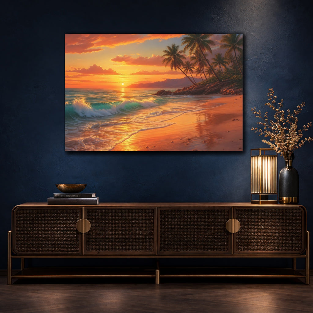 Mockup 4. Nature Tropical Beach Orange Sunset shown as canvas print
