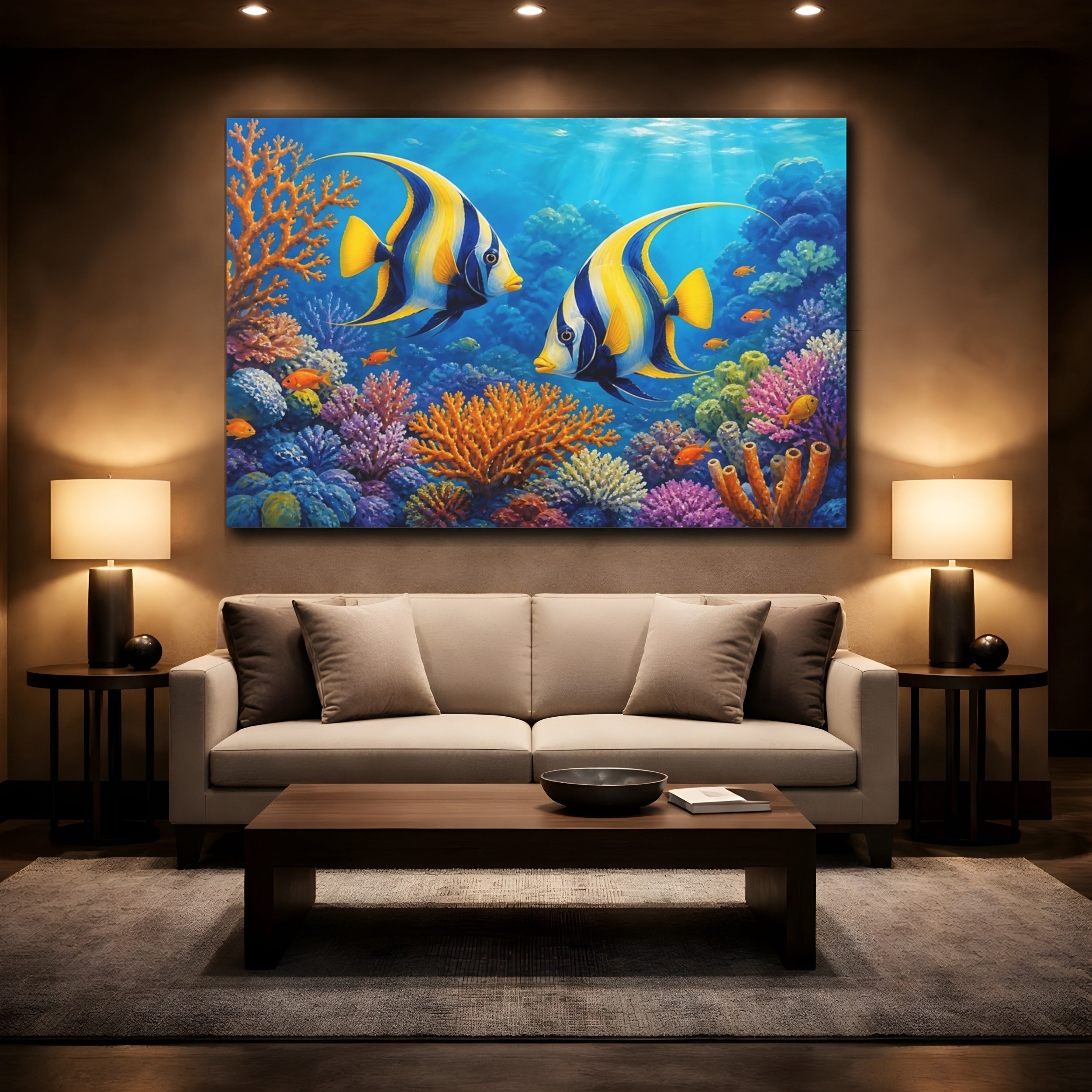 Mockup 2. Nature Tropical Fish Colorful Ocean shown as stretched canvas wall art
