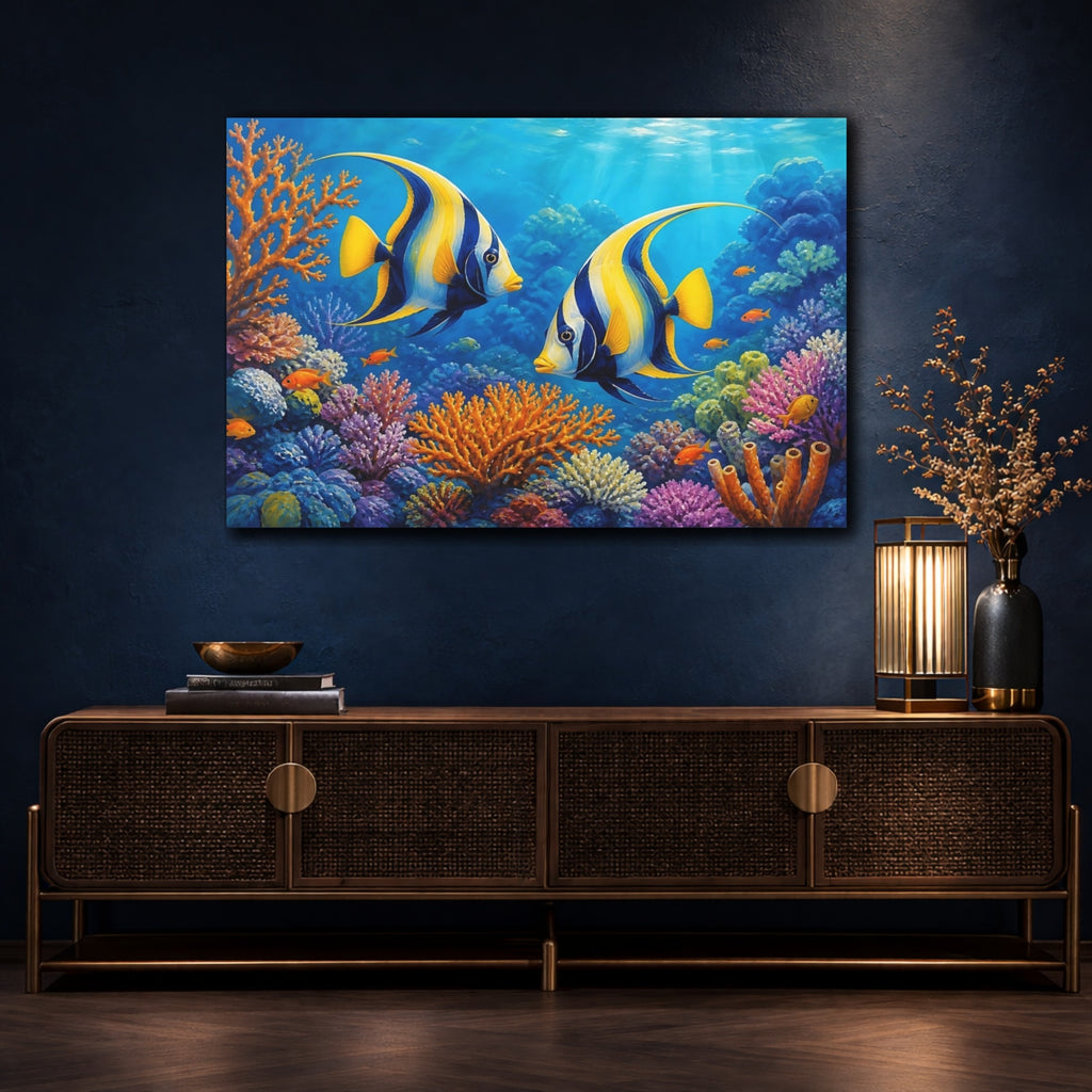 Mockup 4. Nature Tropical Fish Colorful Ocean shown as stretched canvas wall art