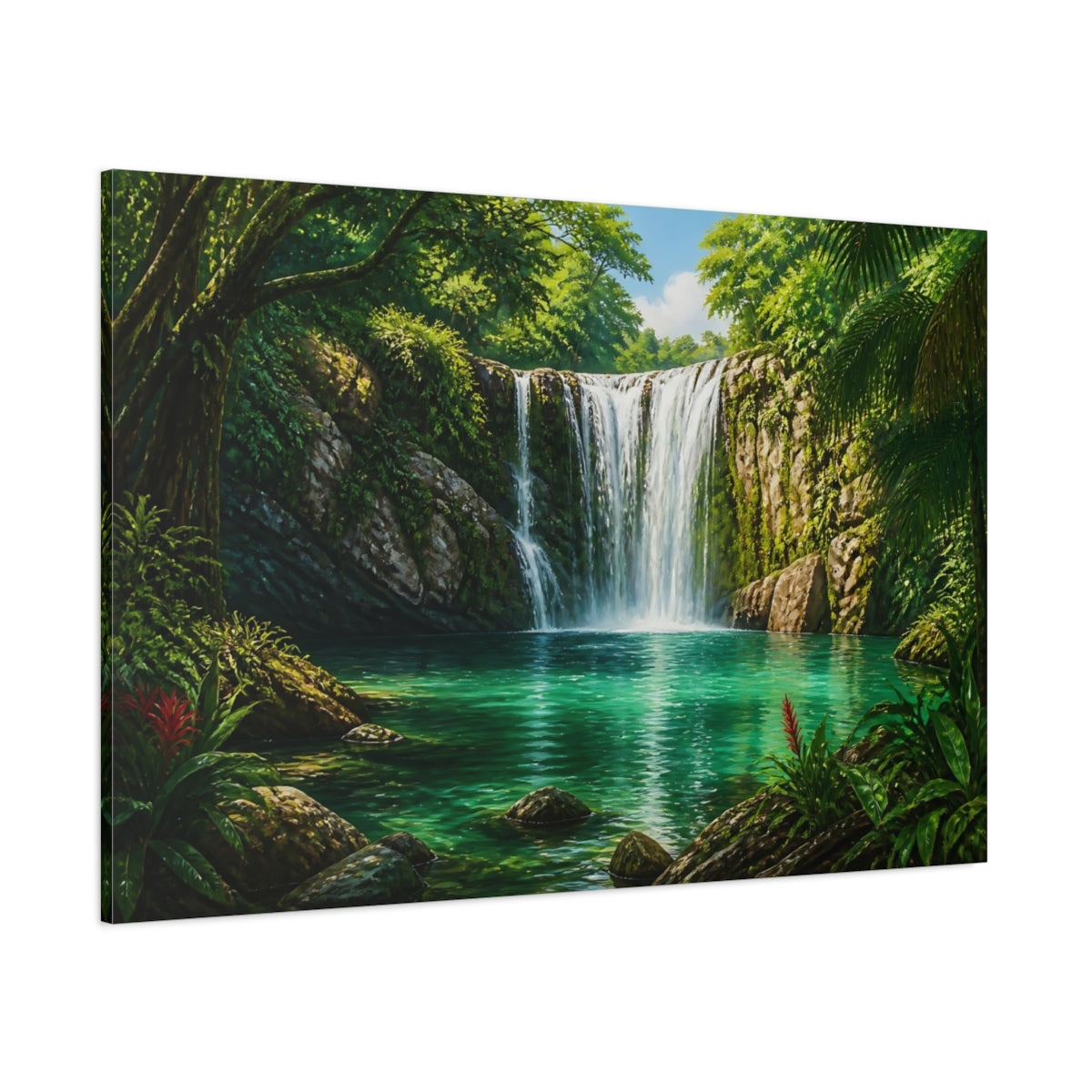 Side Mockup 1. Nature Tropical Waterfall Green Waterfall shown as canvas print
