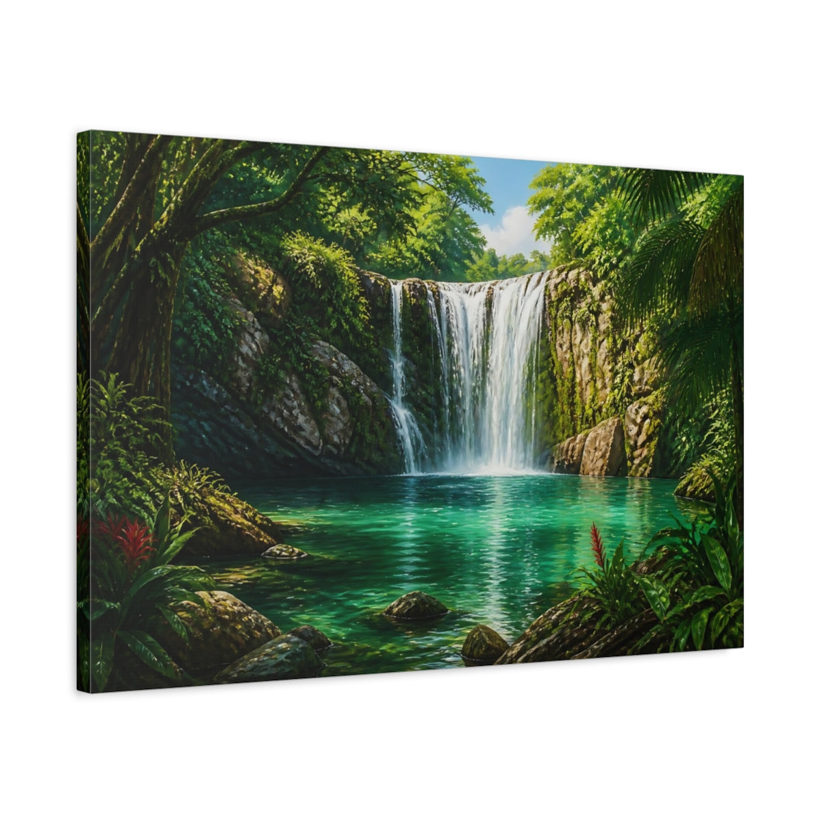 Side Mockup 2. Nature Tropical Waterfall Green Waterfall shown as canvas print