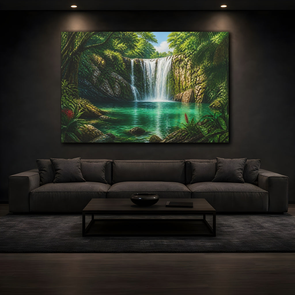 Mockup 3. Nature Tropical Waterfall Green Waterfall shown as canvas print