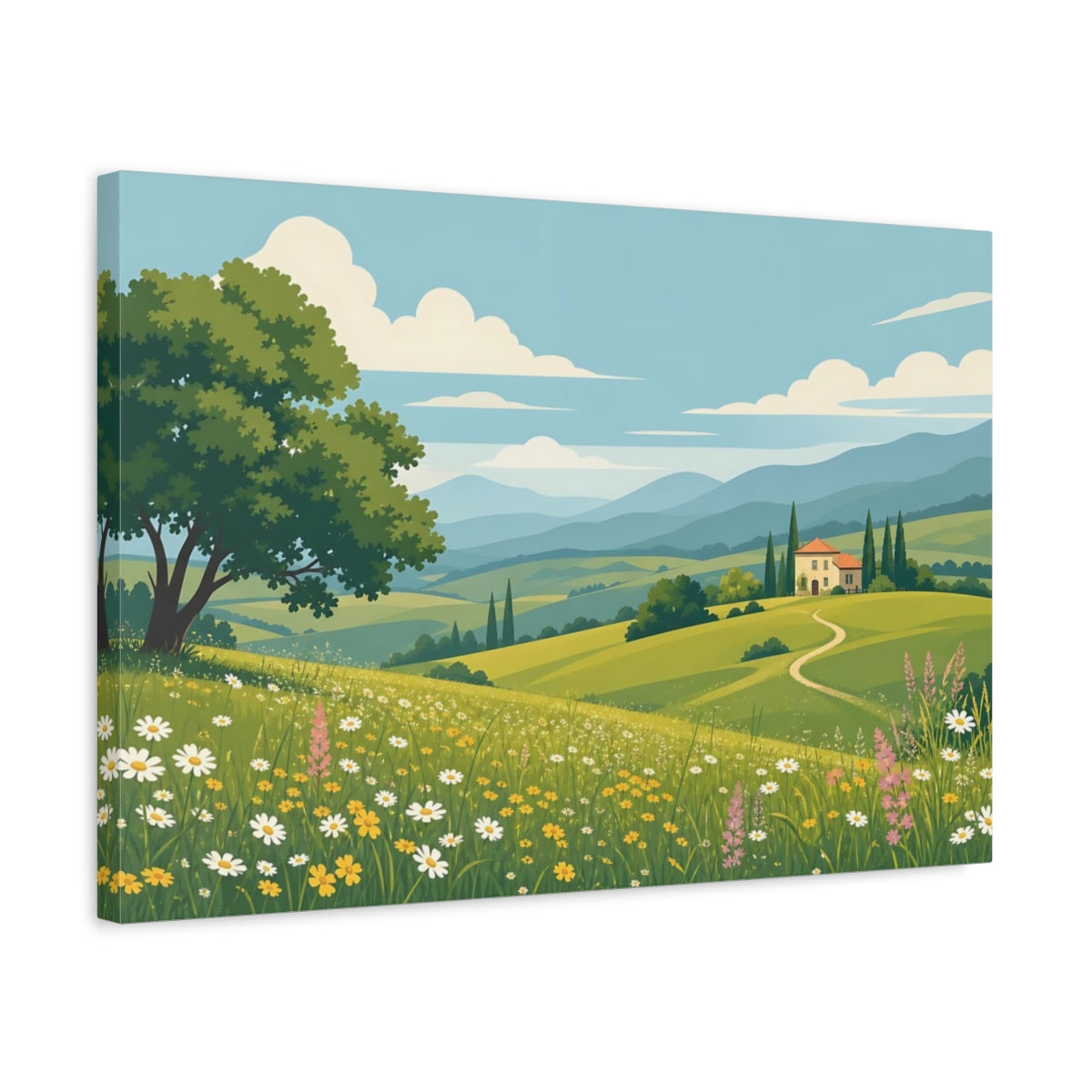 Side Mockup 3. Nature Tuscan Landscape Green And Blue Landscape shown as stretched canvas wall art