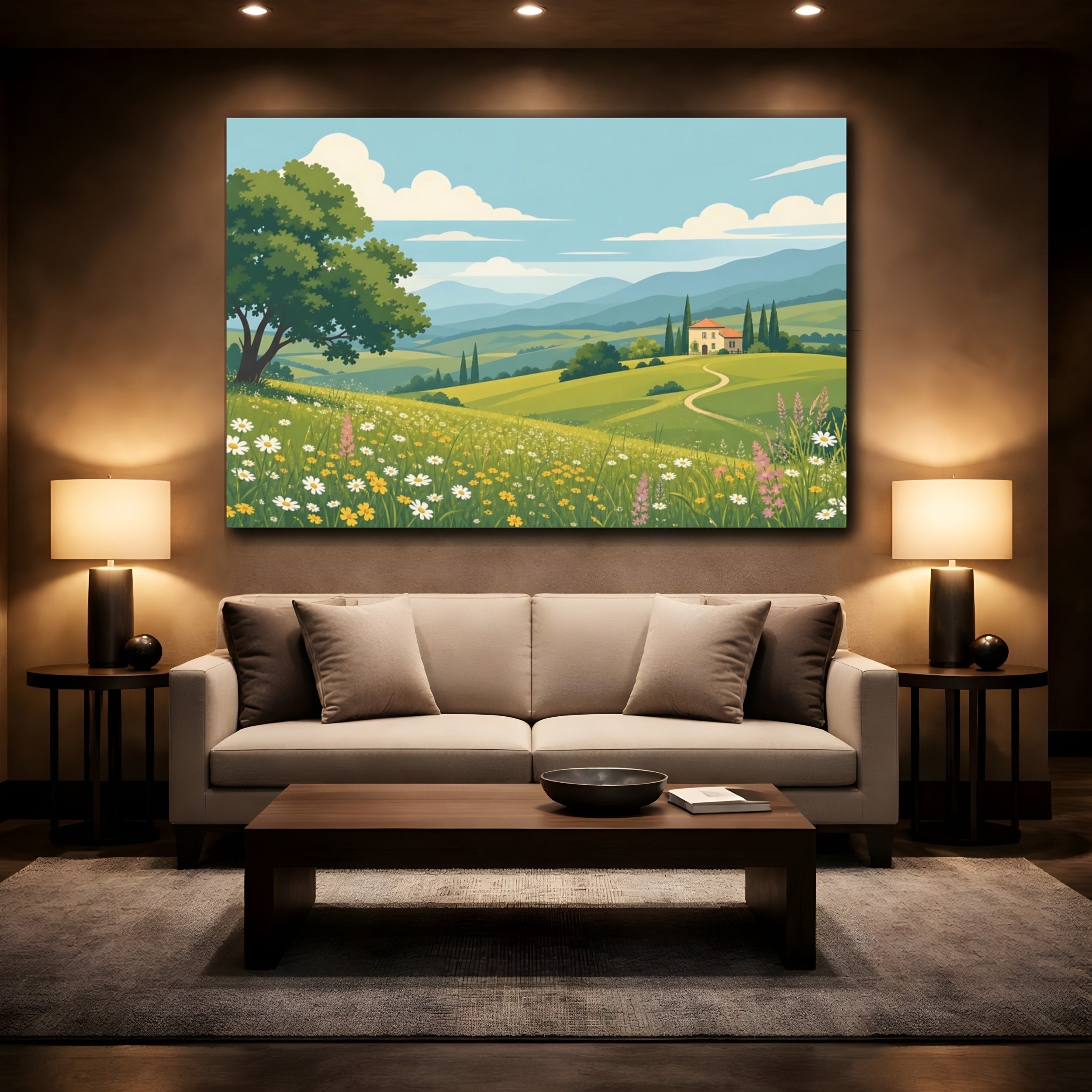 Mockup 2. Nature Tuscan Landscape Green And Blue Landscape shown as stretched canvas wall art