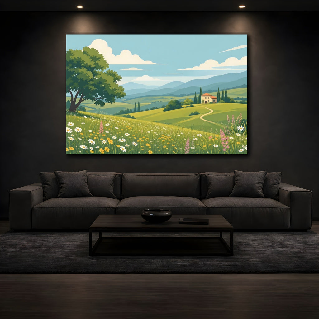 Mockup 3. Nature Tuscan Landscape Green And Blue Landscape shown as stretched canvas wall art