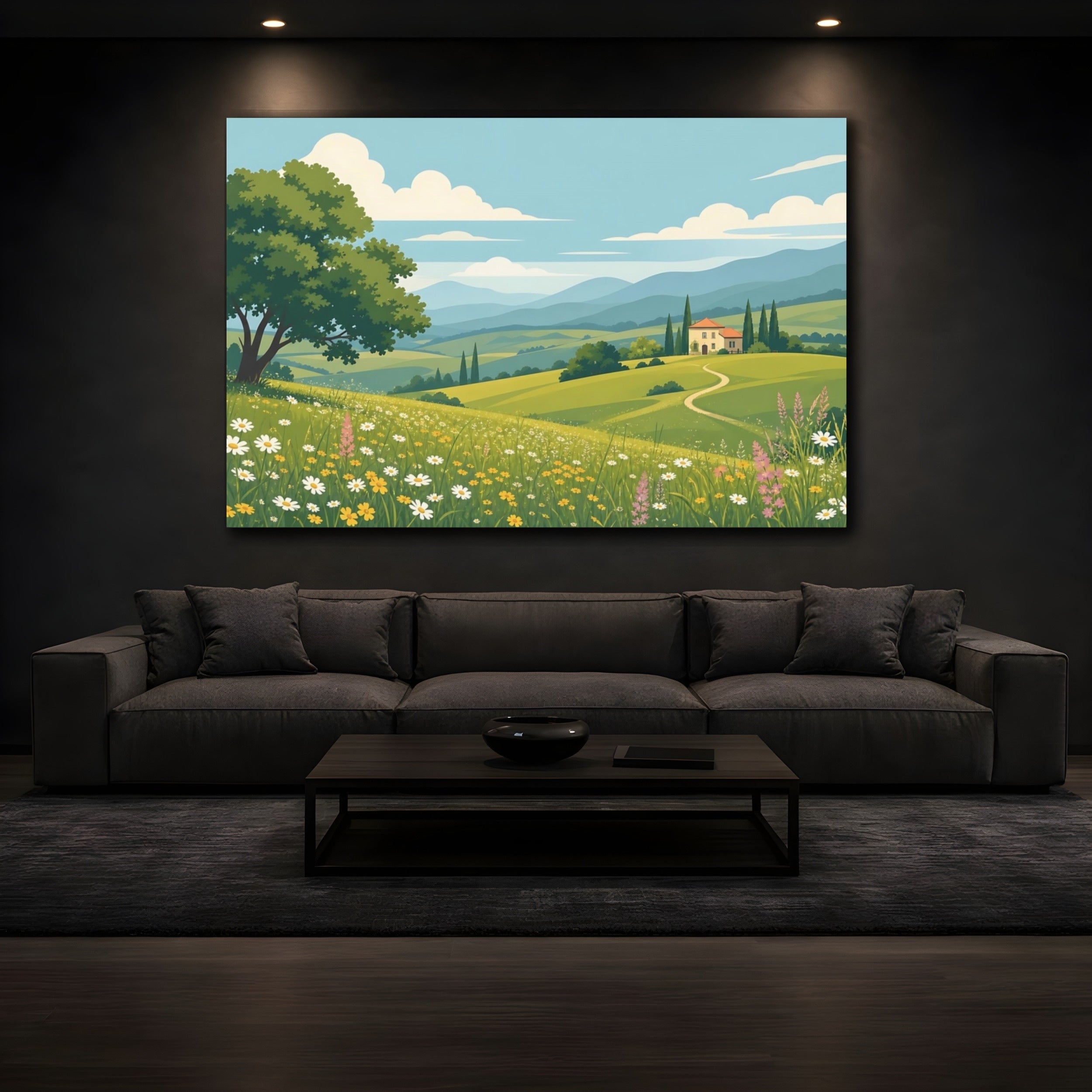 Mockup 3. Nature Tuscan Landscape Green And Blue Landscape shown as stretched canvas wall art